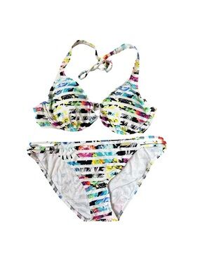 Sunseeker Striped Tropical Print Bikini Set Top Size 34B Bottom Size 6